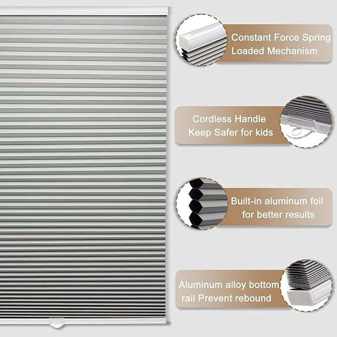 MYshade Cordless Blackout Cellular Shades, 1.5" Honeycomb Window Blinds for Bedroom & Nursery, Thermal Insulated, Noise Reducing, Privacy Shades, Inside or Outside Mount (21" W x 64" H, Grey)