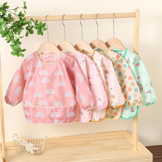 Hafftnun Long Sleeved Bibs,5 PCS Waterproof Wearable Bibs with Sleeves,Baby Feeding Smock 6-30 Months