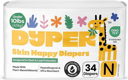 DYPER - Newborn Diapers Size 0 (34Count) - Plant Based Disposable Diapers for Day and Overnight Premium Leak Protection, Skin-Friendly Comfort with Soft Baby Diapers (>10 lbs)