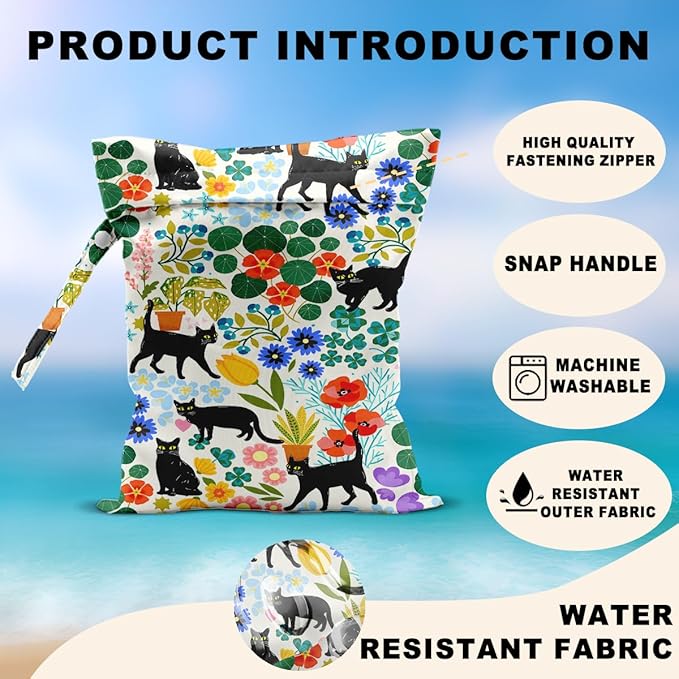 2Pcs Cat Wet Bags 12x10 Inch, Colorful Flowers Waterproof Travel Laundry Bags, Floral Reusable Wet Dry Bag for Swimsuit Pool Beach Diapers Dirty Yoga Gym Clothes, Cat Gifts for Women Friend Travelers