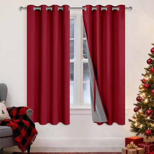 XWZO 100% Blackout Curtains 63 Inches Long with Tiebacks- Soundproof & Energy Efficiency Window Draperies Grommet Top with Black Liner for Bedroom/Living Room, Christmas Red, W52 x L63, Set of 2