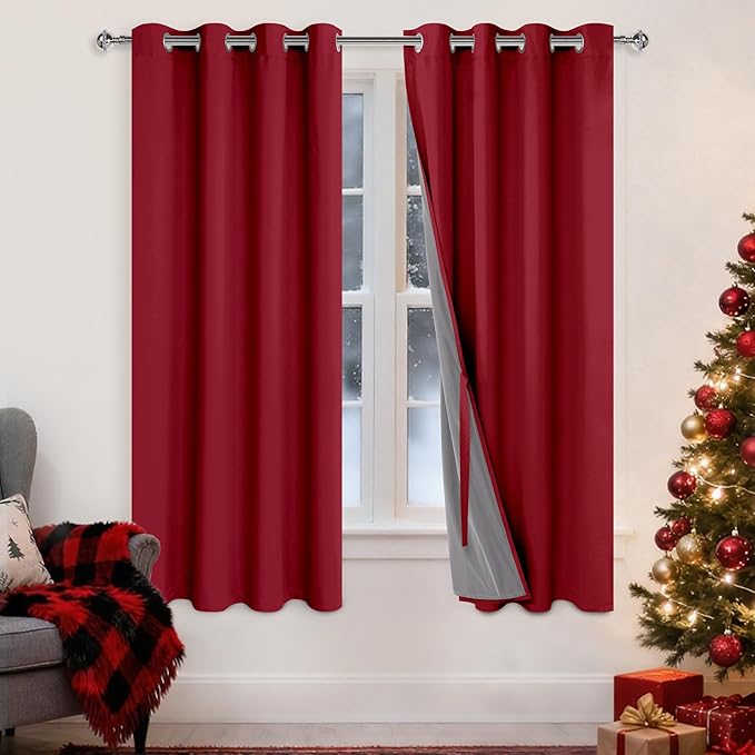 XWZO 100% Blackout Curtains 72 Inches Length - Heat and Light Blocking Ring Top Window Drapes with Black Liner Backing for Bedroom Sewn with Tiebacks, Christmas Red, W52 x L72, Set of 2
