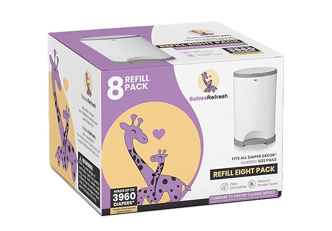 BabiesRefresh Refills Compatible with DEKOR CLASSIC Diaper Pail Refills | 8 Pack | Diaper Pail Odor Eliminator| Fresh Powder Scent | Each Diaper Bag Refill Holds up to 3960 Diapers | Diaper bin refill