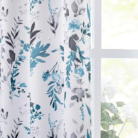 MYSKY HOME Floral Blackout Curtains for Bedroom Thermal Insulated Curtains 63 Inch Length 2 Panels Farmhouse Curtains for Living Room Light Blocking Grommet Flower Drapes, Turquoise