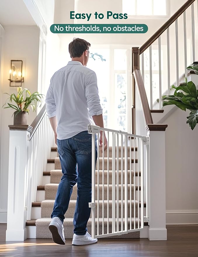 Babelio 34" Tall No Bottom Bar Baby/Dog Gate for Stairs, House and Doorways, 29.7-46.5" Auto Close Safety Pet Gates with Large Walk Thru Door, Hardware Mount, White