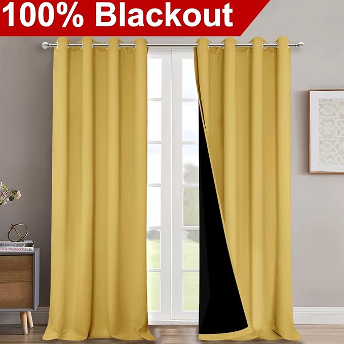 NICETOWN 100% Blackout Blinds, Laundry Room Decor Window Treatment Curtains for Large Patio Sliding Door, Thermal Insulated Bright Yellow Curtains for Bedroom, Set of 2, 70 inches x 108 inches