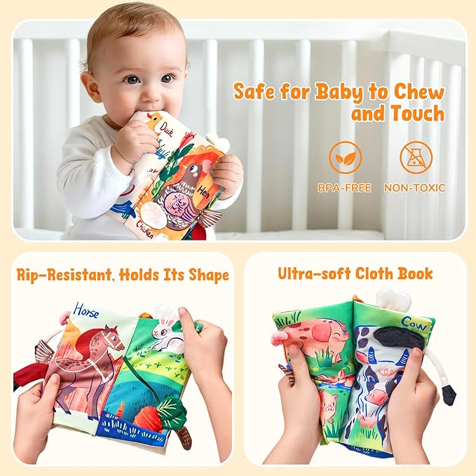 JoyCat Baby Books 0-6-12 Months - Farm Tail Tummy Time Toys - Sensory Touch & Feel Crinkle Cloth Book with Detachable Duck - Newborn Valentine Easter Basket Stuffers
