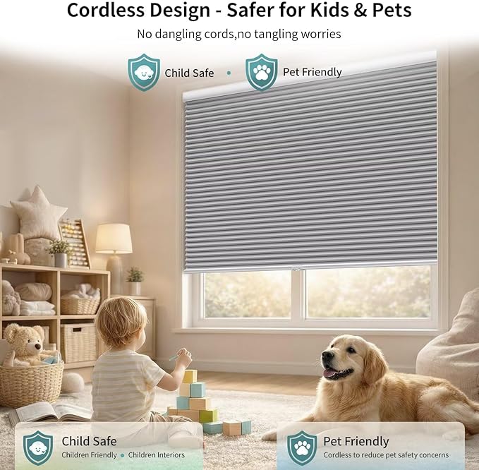 MYshade Cordless Blackout Cellular Shades for Windows, Honeycomb Window Shades with Thermal Insulation, Child & Pet Safe Room Darkening Shade, Easy Install,27" W x 48" H, Grey