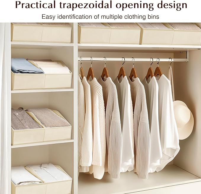 Closet Organizers and Storage Bins - 6 Pack Collapsible Divided Trapezoidal Cube Storage Bins Baskets with Orange Handle for Organizing Clothes Blankets, Toys, Books, Towels(Beige)