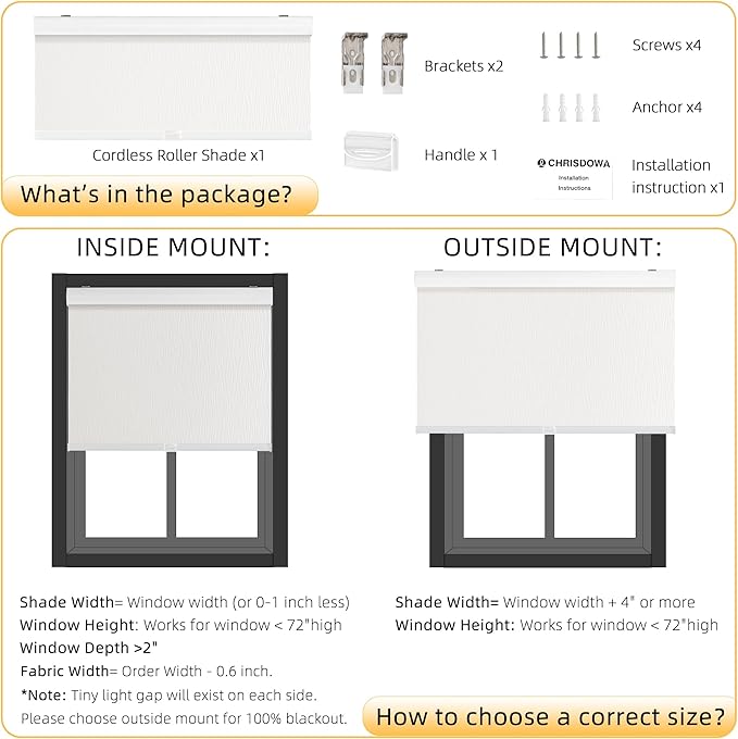 ChrisDowa Cordless Blackout Roller Shades for Windows, Striped Free-Stop Window Blinds with Privacy, Thermal Insulated Window Shades for Home, Office and Door. White, 29" W x 72" H