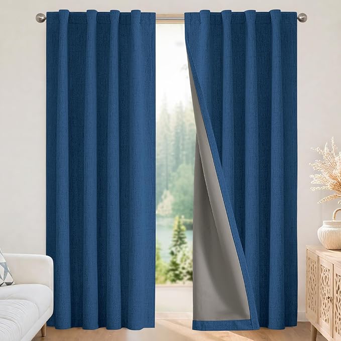 Joydeco Blackout Curtains for Bedroom - 100% Light Blocking 2 Panels Navy Blue Drapes 37" W x 63" L, Thermal Insulated Room Darkening Curtains, Linen Textured for Living Room, Rod Pocket & Back Tabs