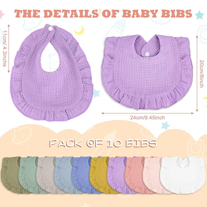 Seematn 10 Pcs Baby Muslin Bibs for Unisex Girls & Boys Drool Bibs Bandana Ruffle Soft Cotton for Newborn Infants Toddlers(Light Colors)