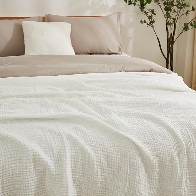 EMME Cotton Muslin King Blanket Big Oversized Bed Layering Bedspread Coverlet Breathable Gauze Soft Lightweight Blankets (White, 120"x94")