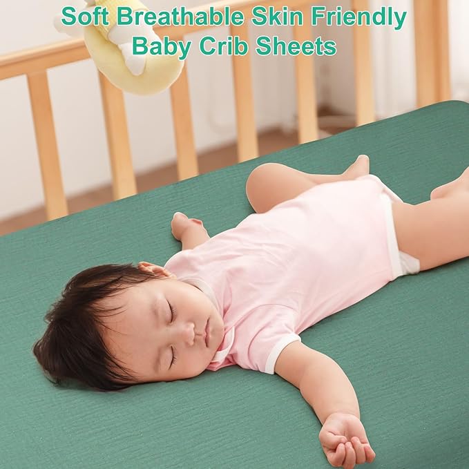 PET REJOIR 2 Pack Muslin Fitted Crib Sheets for Baby Girls & Boys-Neutral Breathable Crib Mattress Protector for Standard Crib Mattress (28"x 52") -Soft No Slip Toddler Cotton Bedding-Green & Grey