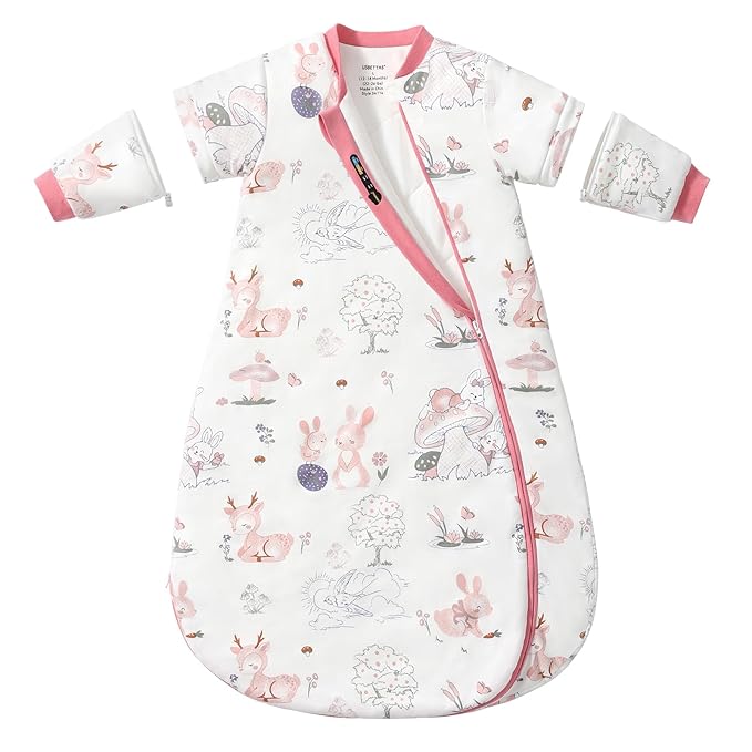 Baby Sleep Sack 6–12 Months, 2.5 TOG Warm Cotton Sleep Sack with Detachable Long Sleeves, Winter Wearable Blanket for Cold Nights, 2-Way Zipper Toddler Sleeping Sack, Bunny