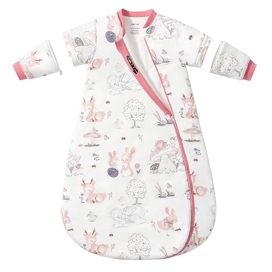 Baby Sleep Sack 6–12 Months, 2.5 TOG Warm Cotton Sleep Sack with Detachable Long Sleeves, Winter Wearable Blanket for Cold Nights, 2-Way Zipper Toddler Sleeping Sack, Bunny