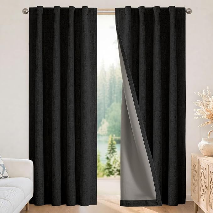 Joydeco Linen Blackout Curtains for Bedroom - 100% Light Blocking 1 Panels, Black Drapes 70" W x 96" L, Thermal Insulated Room Darkening Curtains for Living Room, Rod Pocket & Back Tabs