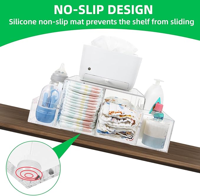 Acrylic Diaper Caddy, Baby Wipes Organizer for Changing Table, Dresser Top Tabletop Organizer with 4 Detachable Compartments, Anti-slip Rubber Feet, Newborn Baby Essentials, Clear