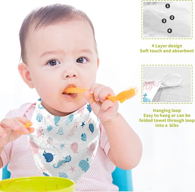 vvfelixl Baby Muslin Washcloths, Cute Sea Life Burp Cloths, Cotton Face Towel for Newborn Infants Boys Girls Soft and Absorbent 11.8 X 11.8 in, 3 Pack
