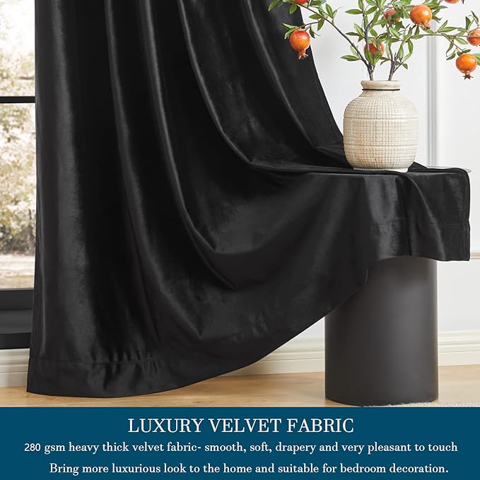 PRIMROSE Black Curtains 96 inch for Living Room Velvet Drapes Blackout Rod Pocket Back Tab Window Treatment Semi Room Darkening Decor Curtains for Bedroom Set of 2 Panels