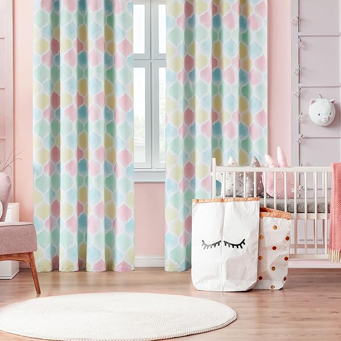 Pink 100% Blackout Curtains for Baby Girls Nursery Bedroom 84 Inches Long Moroccan Geometric Print Drapes Room Darkening Thermal Insulated Grommet Top Window Treatments Sets, 52" W,2 Panels