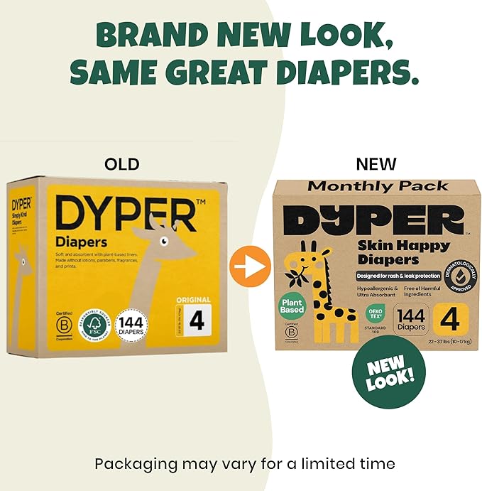 DYPER Monthly Pack Baby Diapers Size 4 (22-37 lbs) 144 Count - Leak-Proof & Plant Based, Hypoallergenic and Ultra Absorbent Size 4 Diapers for Day and Overnight Skin Protection (Packaging May Vary)