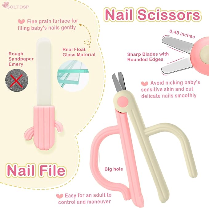 5-in-1 Baby Nail Kit with Storage Case, Cactus Theme Design Including Baby Nail Clippers, Nail Scissors, Nail File, Tweezers & Nose Picker, Newborn Essentials Must Haves for Baby Shower(Pink)
