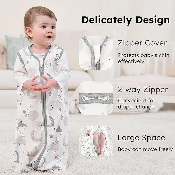 FIEMOL Baby Sleep Sack 18-24 months, 100% Cotton Sleeping Sack for Newborn and Infant, 3 Pack Baby Wearable Blanket for Boy and Girl, 0.5 Tog Lightweight Double Zipper Sleep Bag Grey Moon Bear