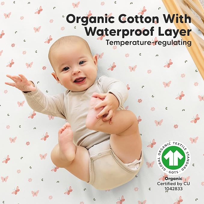 2-Pack Waterproof Crib Sheets for Boys, Girls - 52x28 Fitted Organic Cotton Baby Crib Sheets, Toddler Mattress Protector Cover, Washable, Soft & Durable Baby Bedding Essentials (Butterflies)