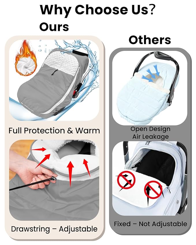 TinyPalsa Winter Baby Carseat Cover, Warm Cozy Infant Car Seat Covers with Plush Lining for Cold Weather, Waterproof Carseat Canopy with Adjustable Collar, Universal Fit for Boys & Girls (Grey)
