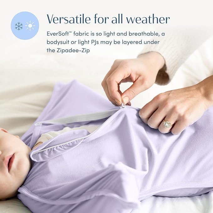 SleepingBaby Bamboo Zipadee-Zip Transition Swaddle – EverSoft Wearable Blanket with Two-Way Zipper for Easy Diaper Changes, Medium 6-12 months, Lilac