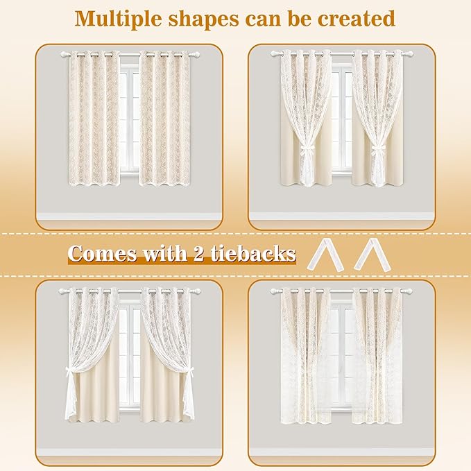 Yinhua Blackout Curtains for Bedroom Double Layer Beige Curtains for Living Room 84 Inch Length 2 Panels Set Kid Curtain with Floral Sheer Overlay, Grommet Drapes with Tiebacks, 52" W x 63" L