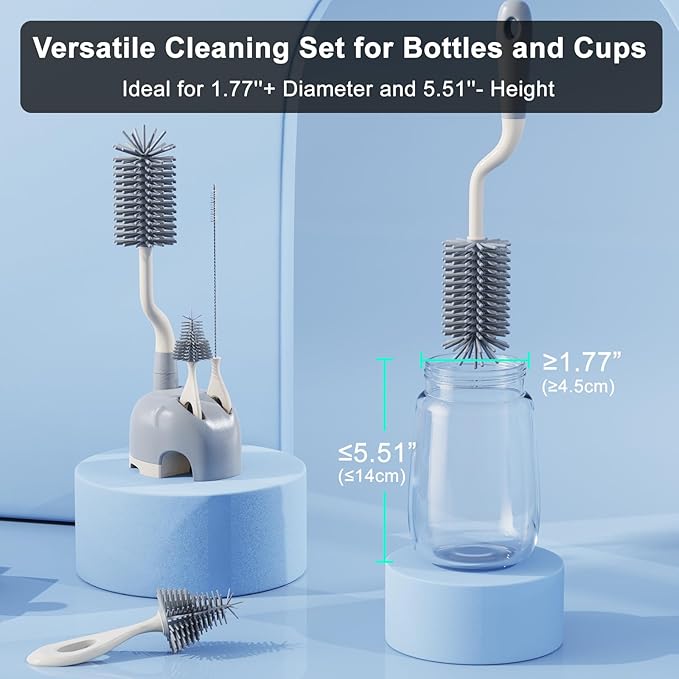ePiiChua Silicone Bottle Brush Set with Stand, 360° Rotating Bottle Cleaning Brush Cleaner Set, Long Handle 3 in 1 Multipurpose Silicone Baby Bottle Straw Cleaner Brush (Grey)