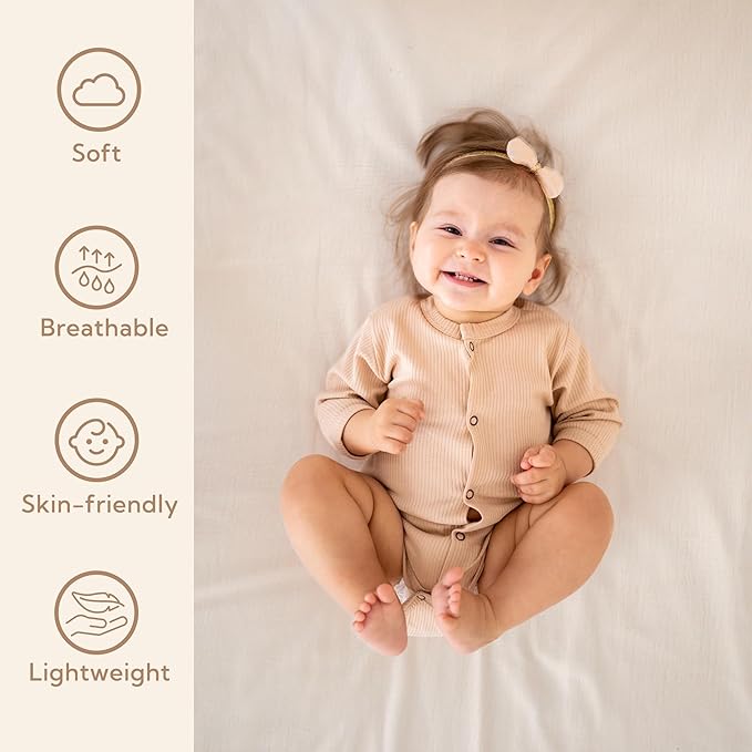 SOULFUL Muslin Crib Sheets for Boys Girls, 2 Pack Soft and Breathable Cotton Fitted Crib Sheets for Standard Crib Mattress (28"x 52", White & Beige)