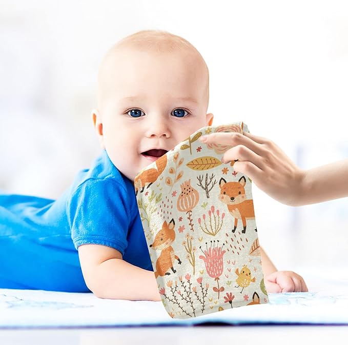 vvfelixl Baby Washcloths Cotton Foxes and Flowers Flesh Colored Baby Muslin Washcloths Soft Baby Face Towel for Newborn Infants Baby Wipes, 11.8 X 11.8 Inch, 3 Pack