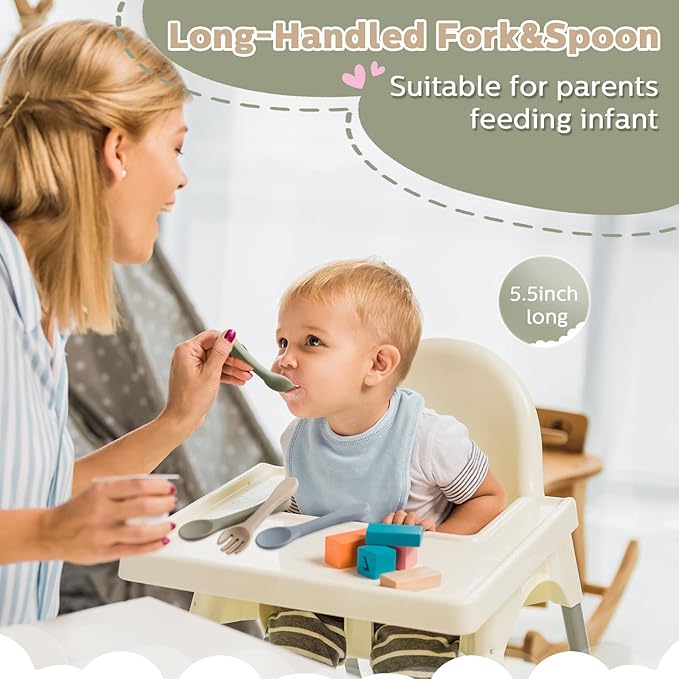 6 Pieces Silicone Baby Feeding Forks and Spoons Set Hot Safety First Stage Self Feeding Supplies Mini Kids Utensils for Over 6 Months Babies Boy Girl Toddlers First Foods (Neutral Color)