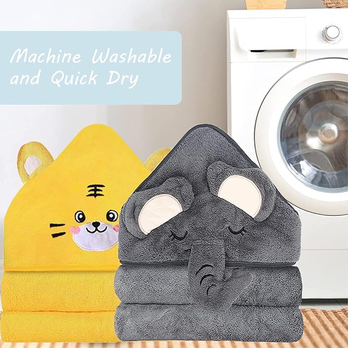 2 Pack Hooded Baby Towels for Newborn, Baby Bath Towel with Hood for Babies, Infant, Toddler and Kids, Soft and Absorbent Newborn Essential(Elephant & Tiger)
