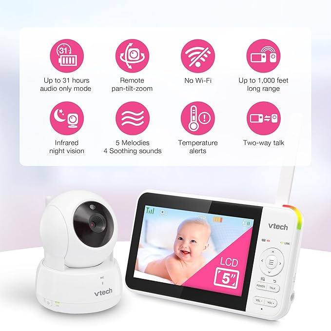 VTech VM924 No WiFi Remote Pan-Tilt-Zoom Video Baby Monitor - 5" LCD Screen, Up to 17Hrs Video/31Hrs Audio Battery, 1000ft Range, Night Vision, Soothing Sounds, Temperature Sensor