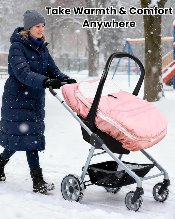 TinyPalsa Winter Baby Carseat Cover, Warm Cozy Infant Car Seat Covers with Plush Lining for Cold Weather, Waterproof Carseat Canopy with Adjustable Collar, Universal Fit for Boys & Girls (Pink)