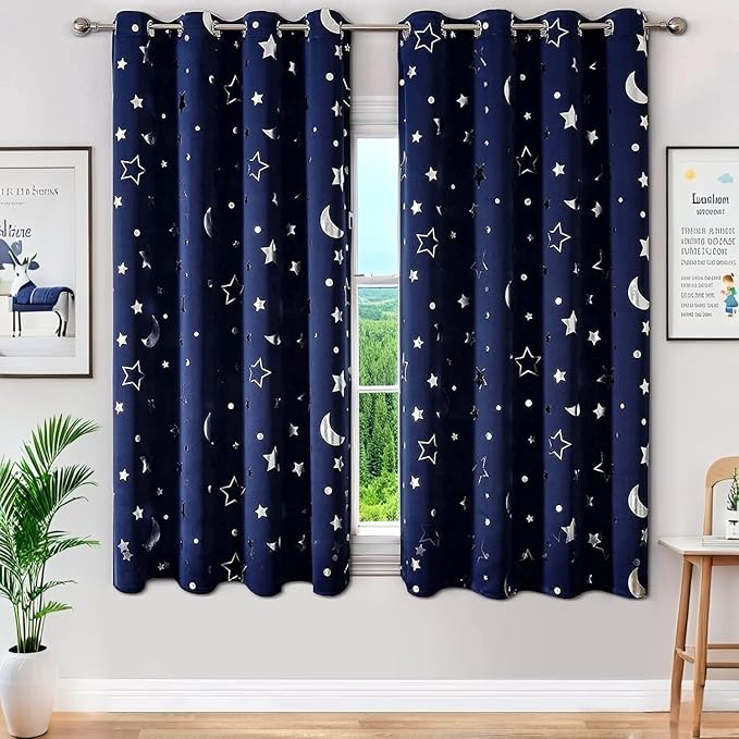 WUBODTI Boys Curtains Navy Blue 100% Blackout Star Curtains Cute Space Themed Thermal Insulated Room Darkening Blackout Short Drapes for Kids Room Nursery Boys Bedroom(W52 x L63, 2 Panels)