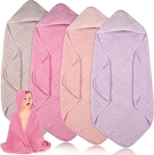Peryiter 4 Pcs Muslin Hooded Baby Towels 32x32inch Cotton Newborn Bath Essentials Muslin Infant Blankets Absorbent Registry Baby Shower Present for Babies Girl Boy Kids (Pink Series)
