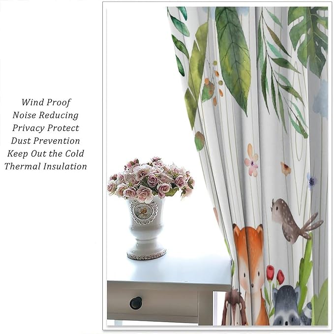 Forest Animal Curtains, Watercolor Wild Animal Bear Fox Deer Kids Window Treatments for Living Room Bedroom,Child Nursery Colorful Wildlife Jungle Forest Living Room Window Drapes Fabric,52x84Inch