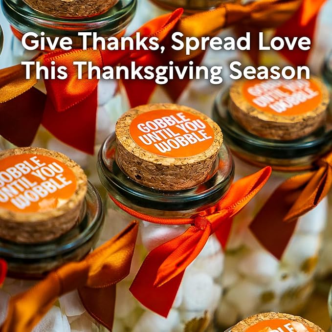 Ethisa Small 12 Pack Thanksgiving Glass Jars with Ribbons and Stickers - Candy Party Favors for Adults - Thanksgiving Party Favors and Table Centerpieces Decorations - Sturdy Decor Treat Jars