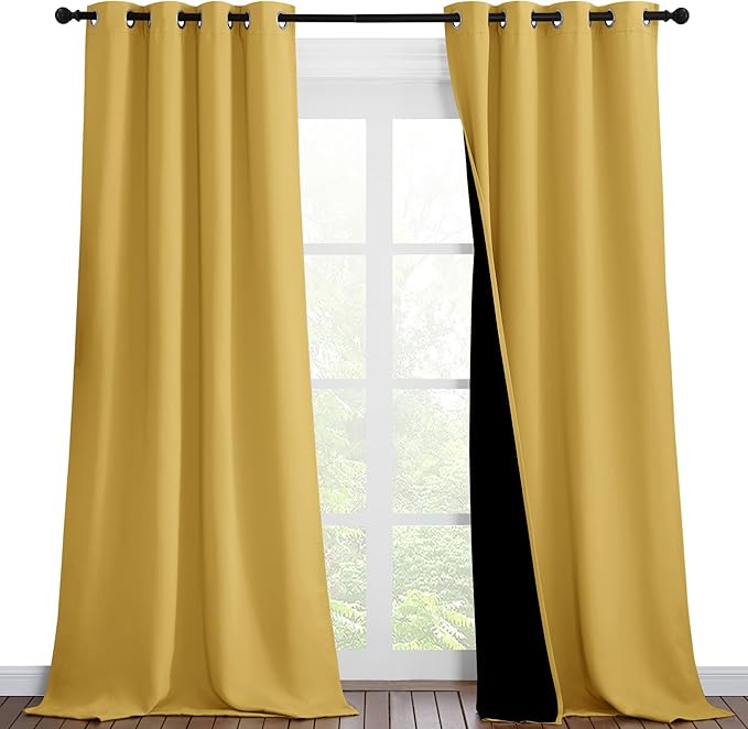 NICETOWN Bright Yellow Full Shade Curtain Panels, Pair of Thermal Insulated & Energy Efficiency Blackout Drapes for Living Room Windows, Lined Silky Performance Window Dressing (46" Wide x 90" Long)