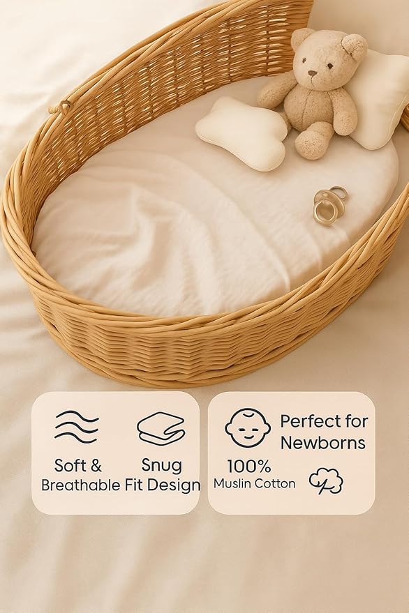 Muslin Bassinet Sheets 33x17 Inches White Bassinet Sheets Rectangle/Oval 2 Pack, Soft Fitted Bassinet Mattress Cover, Safe for Boy or Girl, Breathable Muslin, Easy Fit, No More Loose, Unsafe Sheets