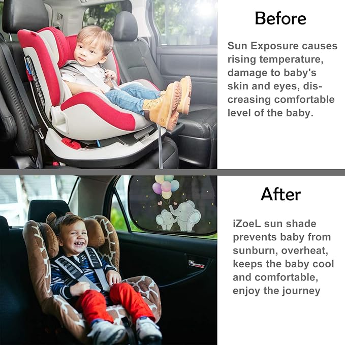 Car Sun Shade for Baby Kids 2 Pack Static Cling Side Window Car 110GSM Rear Sunshades Universal with Storage Bag - Sun Glare and UV Rays Protection for Your Child (Elephant)
