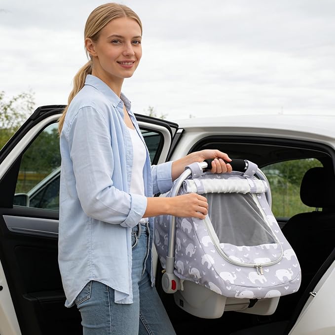 Baby Car Seat Cover, Mink Dot Infant Car Seat Cover for Girls Boys, Universal Carseat Cover with Mesh Peep Window & Sun Shade, Breathable Baby Carrier Canopy Cover for Spring Autumn
