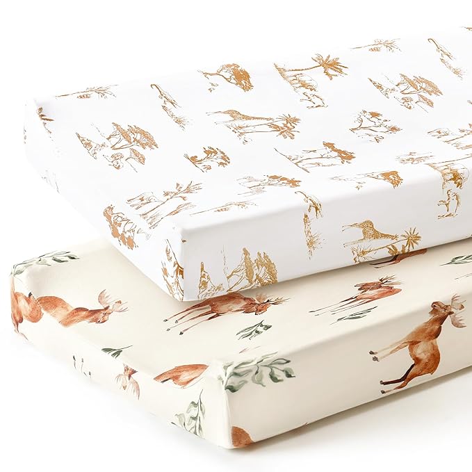 GRSSDER Stretch Ultra Soft Jersey Knit Changing Pad Cover Set 2 Pack, Change Table Pad Covers Fit 32"/34" x 16" Pads Safe and Snug, Stylish Elk Animals Pattern