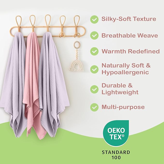 100% Organic Cotton Muslin Baby Blanket - 47 x 47 Inch Breathable Baby Swaddle Blanket, Hypoallergenic Double-Layer, Soft Newborn Baby Blanket for Everyday Use (Light Pink/Light Purple)