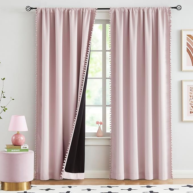 Pink Blackout-Curtains for Bedroom Pom Pom Thermal Insulated 100% Full Blackout Curtain Panels for Girls Baby Nursery Room 90 inch Energy Efficient Window Drapes for Kids 52"w x2 Panels Rod Pocket
